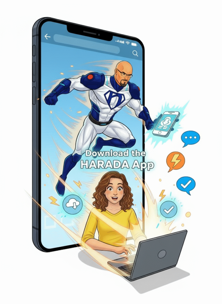 Harada App promoting 15 free Harada Method weekly meetings on self‑reliance, purpose, leadership, and continuous improvement.